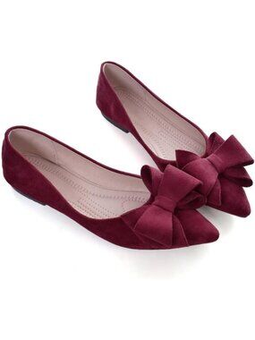 Women's W Wine Red Suede Fashion Bowknot Flats Comfort Pointed Toe Dressy Shoes